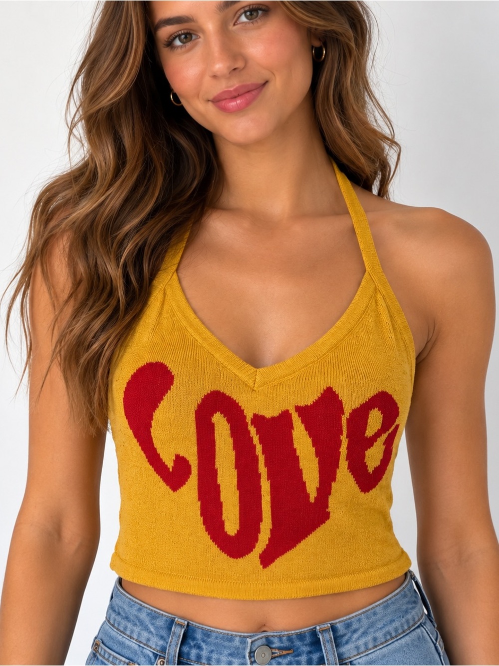Forever 21 Mustard Yellow Halter Crop Top with Red "Love" Graphic